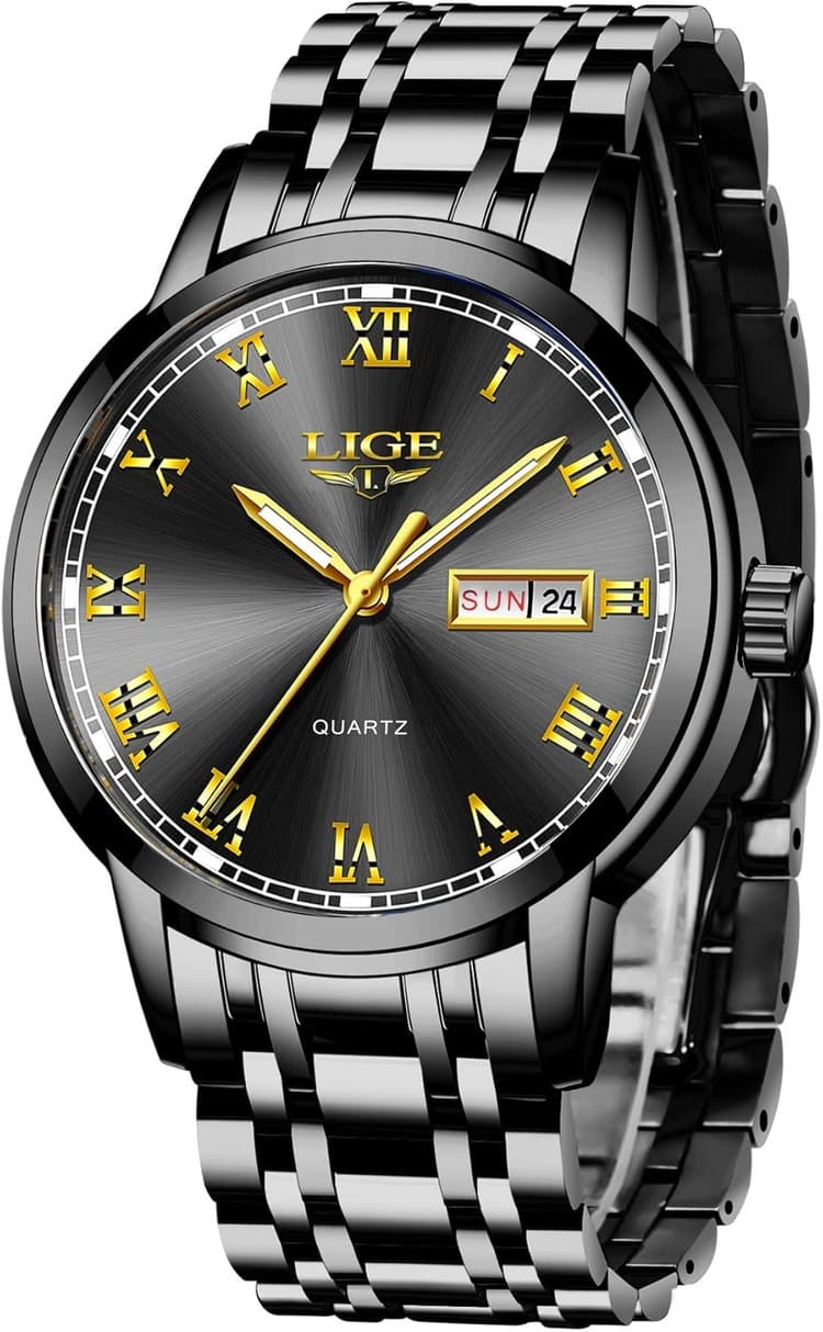 LIGE Montre Homme, Montres Bracelet Analogique à Quartz, Acier Inoxydable Etanche 3ATM, Fonction Calendrier, Aiguilles Lumineuses Affichage, Mode Assortissement Business Décontracté