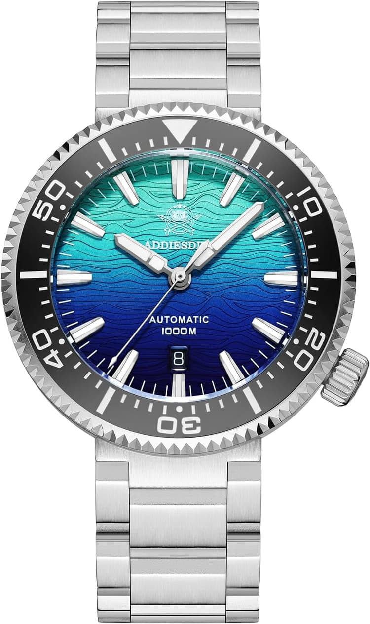 ADDIESDIVE Automatic Dive Watch 1000 M Water Resistance Helium Escape Valve Date Display Synthetic Sapphire Crystal BGW9 Luminous Watches for Men