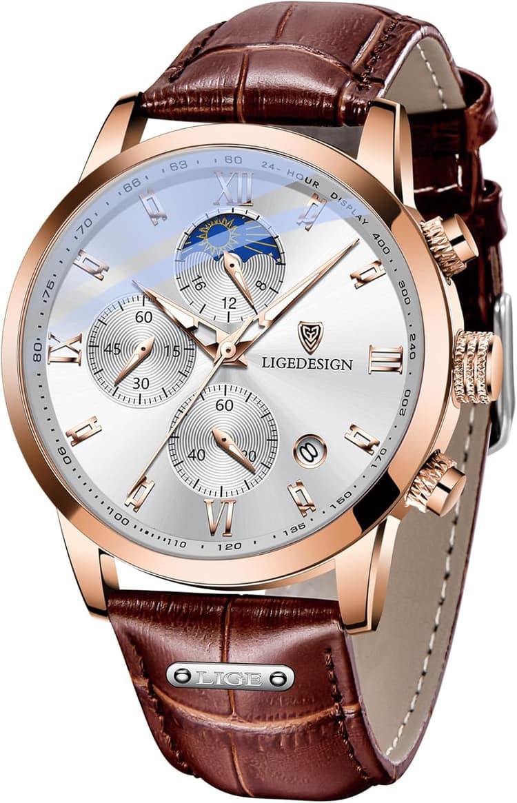 LIGE Montre Homme, Chronographe Quartz Analogique, Cadran Chronographe Jour-Lune, Bracelet en Cuir, Aiguilles Luminescentes, Affichage de la Date, Montre Homme Etanche 3ATM, Outdoor Décontracté