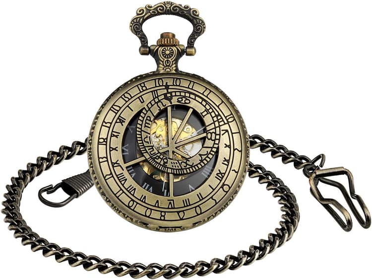 Homme - Montre de poche avec chaîne - Analogique - Remontage manuel - 12 constellation - Montre mécanique creuse - Bronze