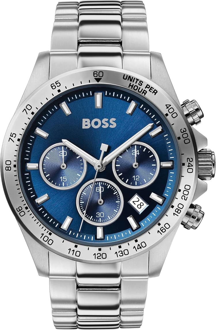 BOSS Montre Chronographe à Quartz pour Homme 43 mm Collection Hero avec Bracelet en Acier Inoxydable Maillons ou Maille, Fonction Date, 3 sous-Cadrans, Résistance à l'eau 5ATM
