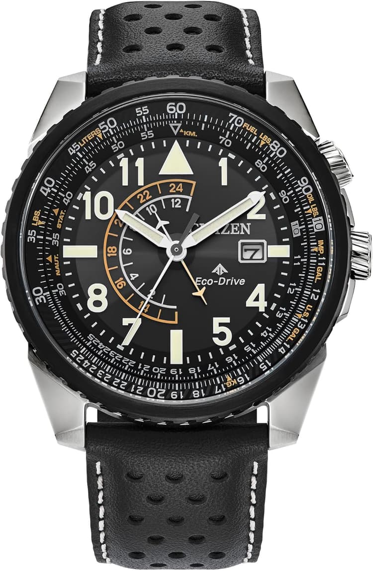 Citizen Men's Eco-Drive Promaster Air Nighthawk Watch, Black Leather Strap, Black Dial, Dual Time (Model: BJ7137-07E)