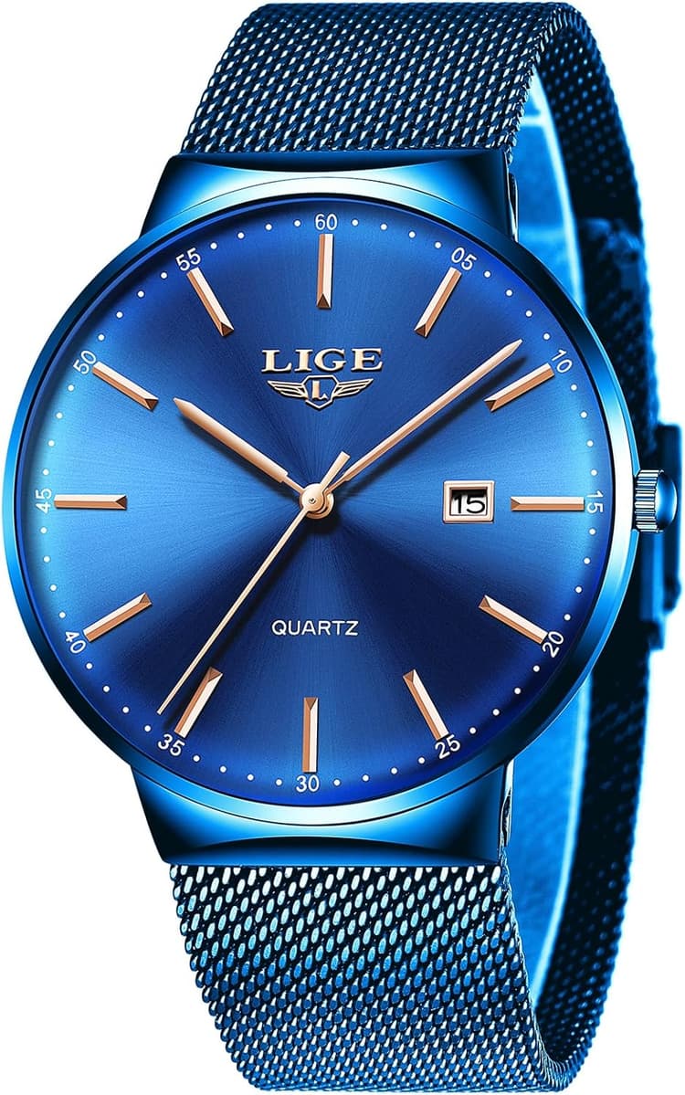 LIGE Montre Homme, Montres Bracelet Analogique Quartz, Bracelet en Acier Inoxydable étanche, Fonction Calendrier, Design Minimaliste Léger, Business Mode Casual Match