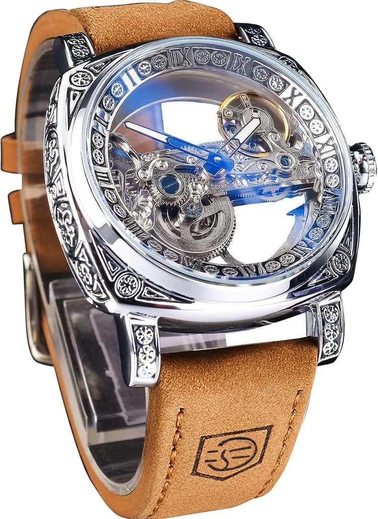 FORSINING Montres fantaisie pour hommes, carrées, rétro, mécaniques, à remontage automatique, sculptées, mécanisme d’horlogerie, squelette doré, bracelet en cuir vintage, or, Rétro