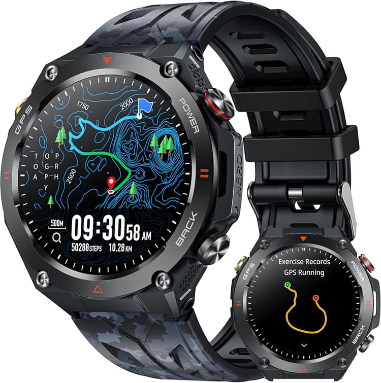 GPS Montre Connectée Homme avec Boussole: 1,45" Smartwatch Baromètre Altimètre Appel Bluetooth 650mAh Batterie Fréquence Cardiaque SpO2 Sommeil 100+ Mode Sport Étanche Fitness Tracker pour Android iOS
