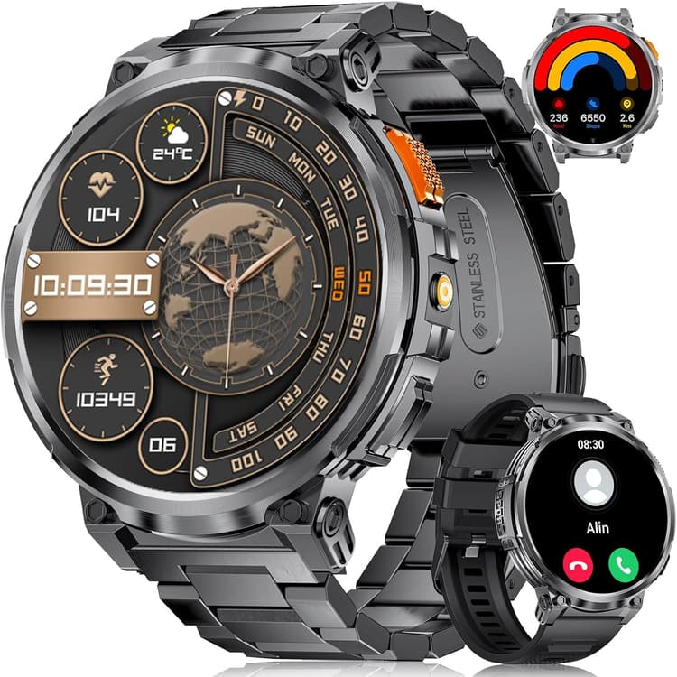 Montre Connectée Homme avec 1,85'' HD Grand Écran/LED Lampe/730mAh Batterie,Smartwatch Homme avec 120+ Modes Sportifs,24/7 Moniteur de Fréquence Cardiaque et Sommeil,IP68 Étanche pour Android iOS