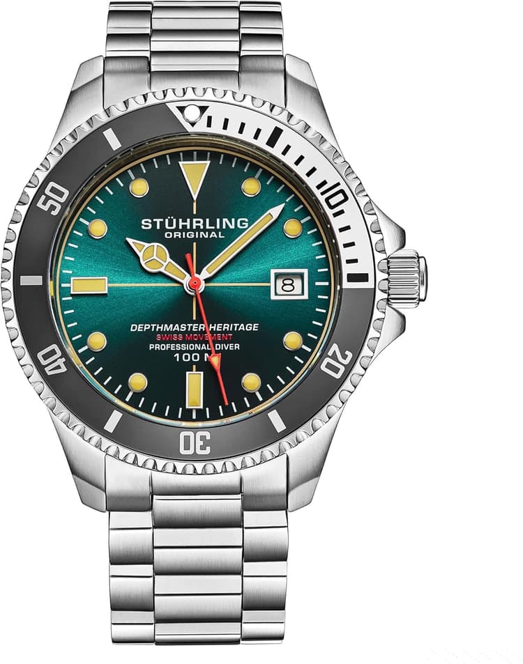 Stuhrling Depthmaster Heritage Diver Swiss Quartz Watch, 42mm, Teal Dial, Stainless Steel, 100M Water Resistant