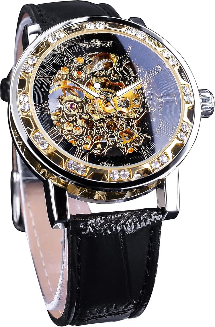 FORSINING Winners Vintage Montres mécaniques, Gravure de Diamants et de Fleurs, Hommes Classique Manuel Squelette Montre Chiffres Romains, Noir/Or, Montres